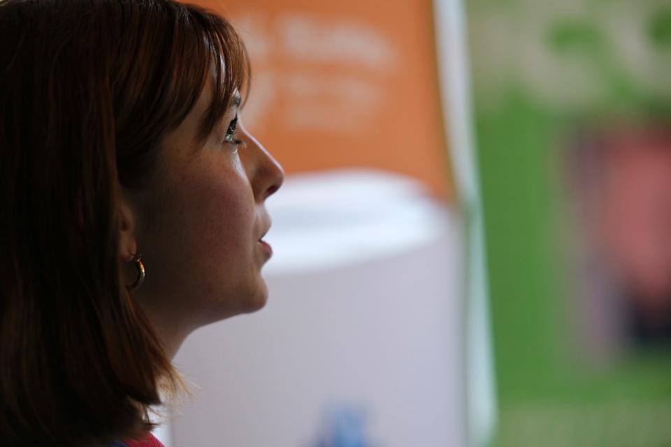 Oklahoma City filmmaker Ella Janes, 17, gives an interview in the press room during the second day of the deadCenter Film Festival in Oklahoma City, Friday, June 9, 2023.