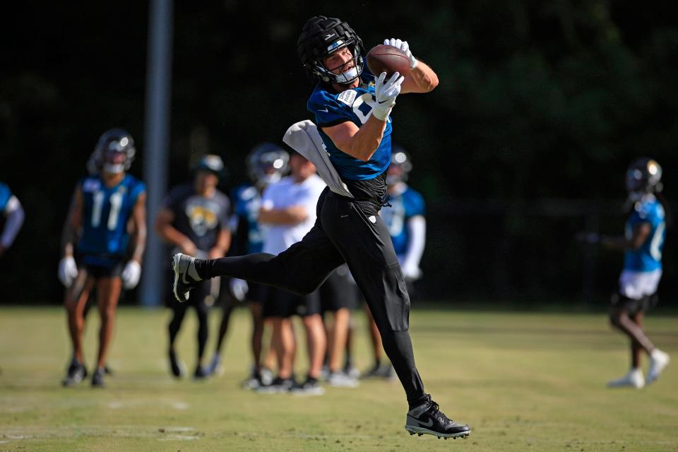 Jacksonville Jaguars tight end Dan Arnold (85) hauls in a reception during Day 2 of Jaguars Training Camp on Tuesday, July 26, 2022, at the Knight Sports Complex at Episcopal School of Jacksonville.