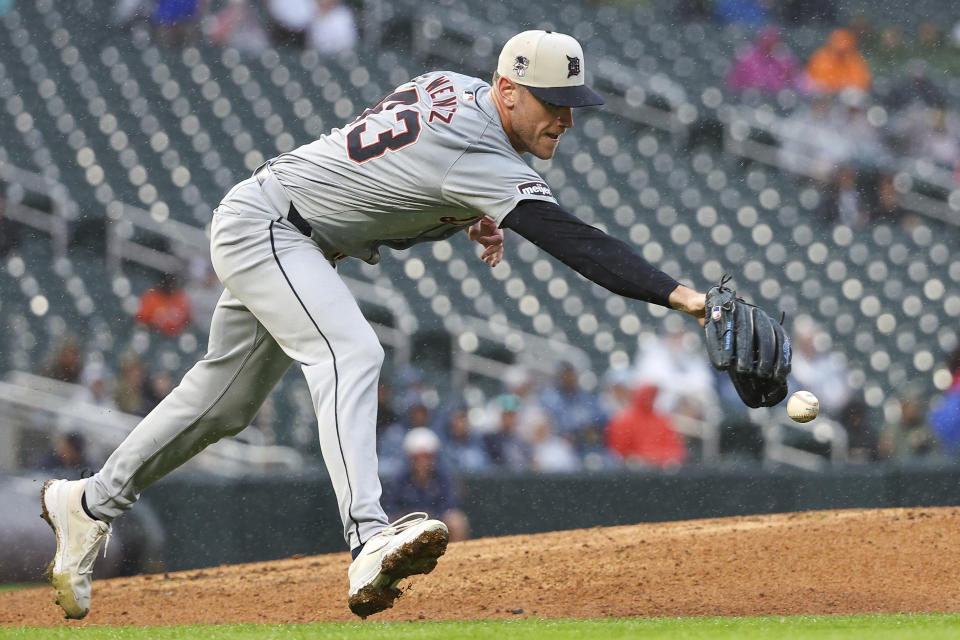 Detroit Tigers relief pitcher Joey Wentz attempts to field the ball hit for a single by Minnesota Twins' Ryan Jeffers during the sixth inning of a baseball game, Thursday, July 4, 2024, in Minneapolis. (AP Photo/Matt Krohn)