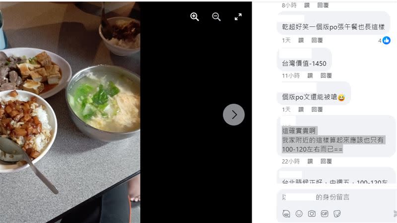 有網友在個人臉書分享滷肉飯、湯及小菜，直言「要180元，貴死人」，意外引發論戰。（圖／翻攝自臉書）