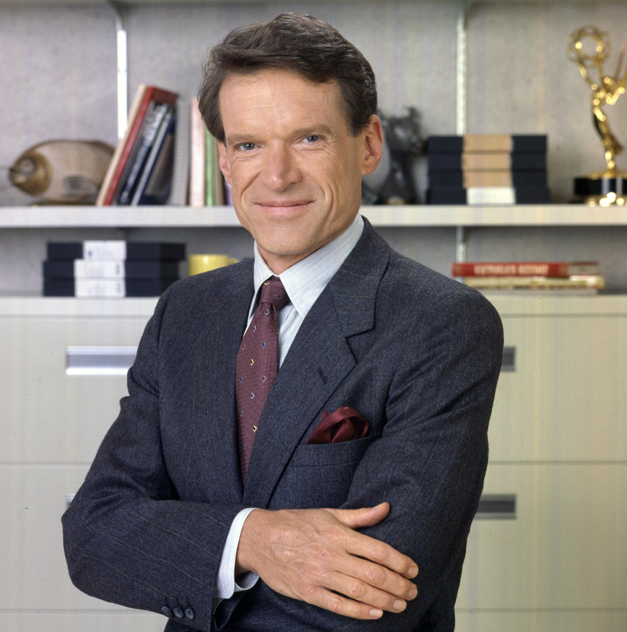 Murphy Brown, a CBS television situation comedy program featuring topical current events and satire. Pictured is Charles Kimbrough (as Jim Dial, news anchor).  January 1, 1993. (CBS Photo Archive / Getty Images)