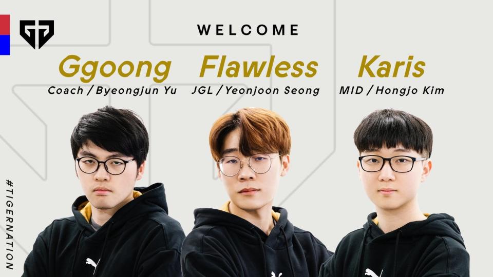 《英雄聯盟》韓國戰隊 GEN 全新成員：教練 Ggoong、打野 Flawless、中路 Karis   圖：翻攝自 GEN 官方推特