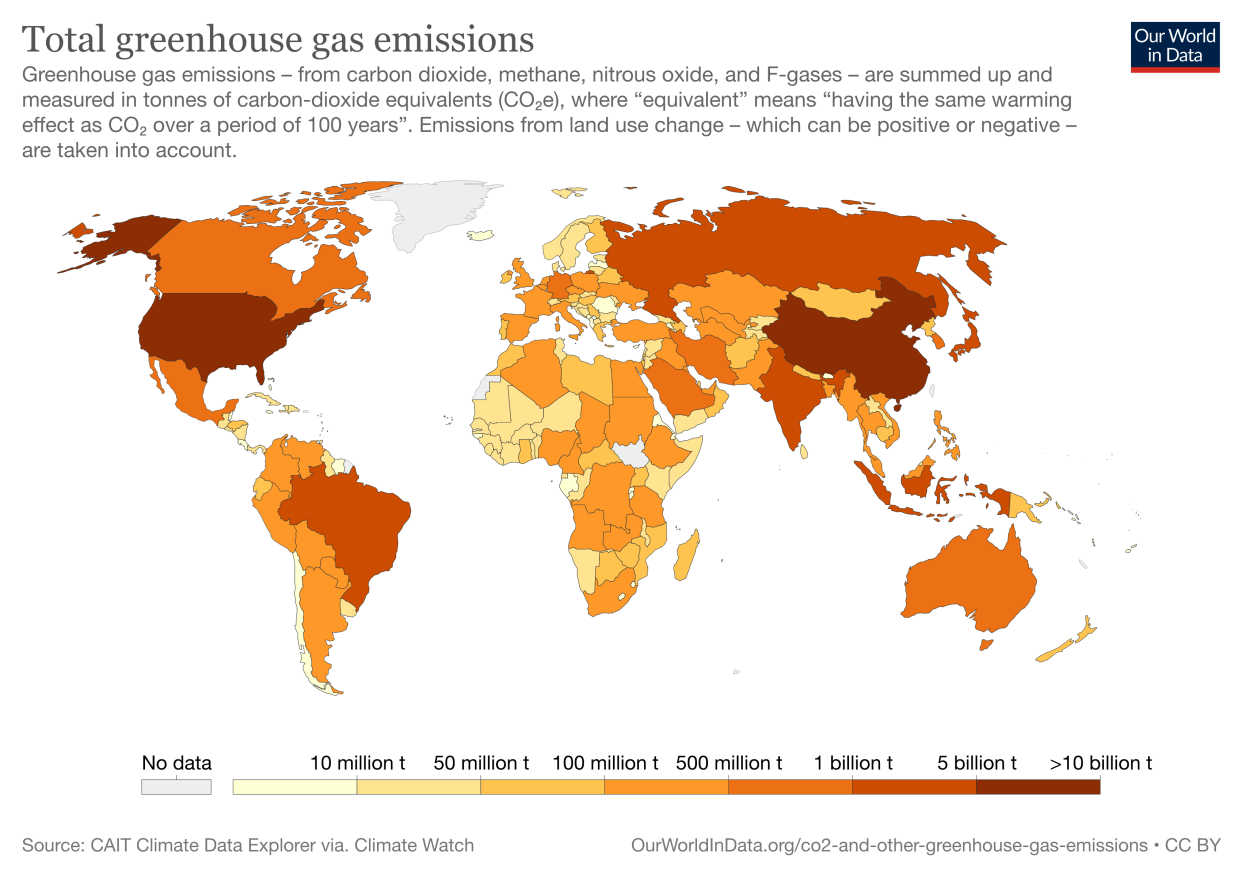 Global greenhouse gas emissions by country (Source: CAIT Climate Data Explorer/Our World in Data)