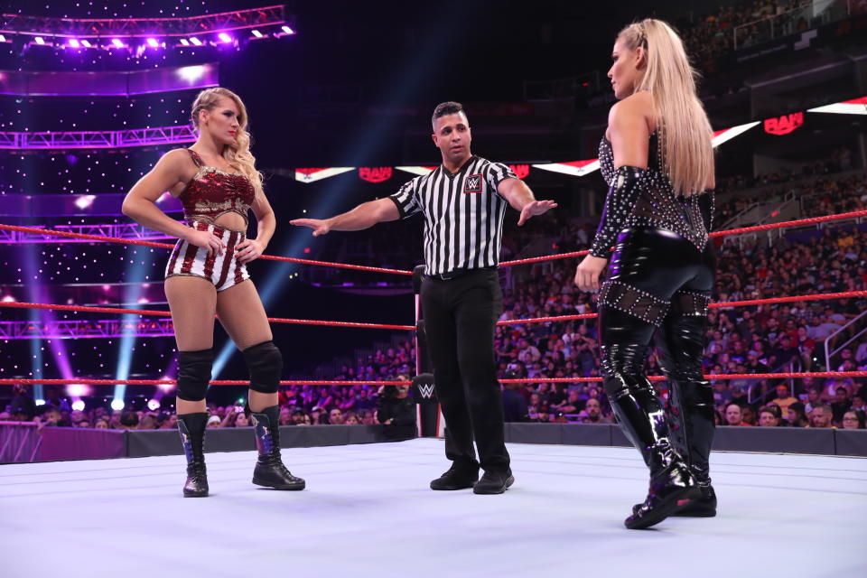 Natalya and Lacey Evans perform at a WWE show. (Photo Courtesy of WWE)