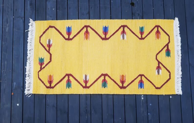 Handwoven Swedish Yellow Woolen Rölakan Rug