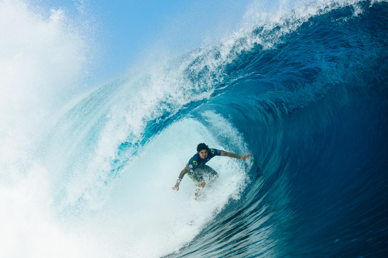 TEAHUPO'O, TAHITI, FRENCH POLYNESIA - MAY 30: Three-time WSL Champion Gabriel Medina of Brazil surfs in Heat 7 of the Round of 16 at the SHISEIDO Tahiti Pro on May 30, 2024, at Teahupo'o, Tahiti, French Polynesia. (Photo by Matt Dunbar/World Surf League via Getty Images)