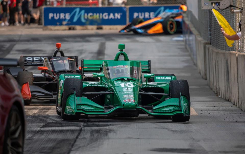 NTT IndyCar Series driver Alex Palou (10) races on the Chevrolet Detroit Grand Prix course in downtown Detroit on Sunday, June 4, 2023. Palou finished first in the 2023 Detroit Grand Prix.