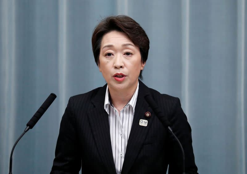 Japan's Olympics Minister Hashimoto attends a news conference at PM Abe's official residence in Tokyo