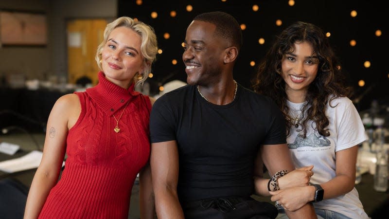 Millie Gibson, Ncuti Gatwa, and Varada Sethu at a Doctor Who table read. - Photo: James Pardon/Bad Wolf/BBC Studios