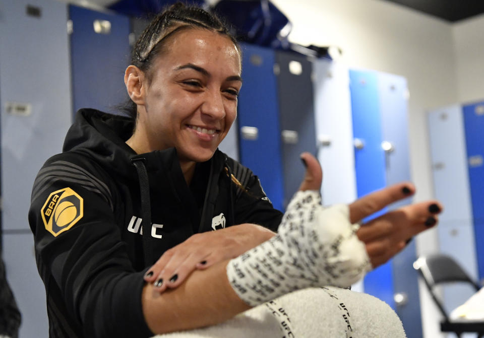 ABU DHABI, UNITED ARAB EMIRATES - OCTOBER 30: Amanda Ribas of Brazil has her hands wrapped prior to her fight during the UFC 267 event at Etihad Arena on October 30, 2021 in Yas Island, Abu Dhabi, United Arab Emirates. (Photo by Mike Roach/Zuffa LLC)