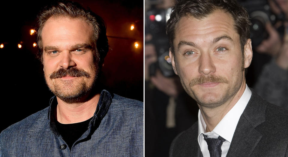 David Harbour and Jude Law have got the Chevron Moustache style down to a tee. (Getty Images)
