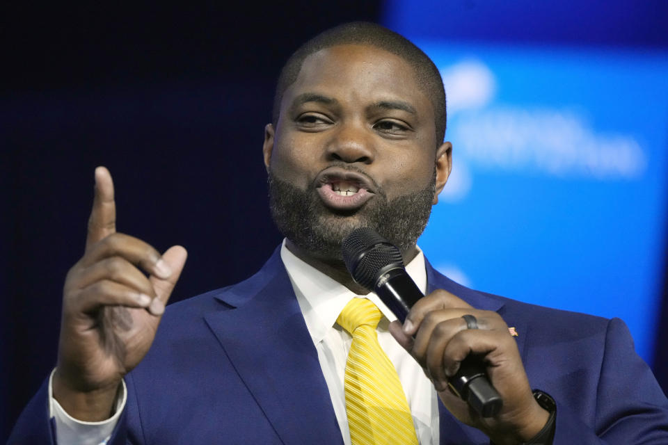 FILE - Rep. Byron Donalds, R-Fla., speaks at a convention, June 15, 2024, in Detroit. Former President Donald Trump has narrowed his vice presidential shortlist to a handful of contenders that include Donalds, as he prepares to announce his pick in the days before, or perhaps at, next month's Republican National Convention. Trump told reporters Saturday, June 22, that he already has made his decision and that that person will be in attendance Thursday night in Atlanta at the first debate of the general election campaign with Democratic President Joe Biden.(AP Photo/Carlos Osorio, File)