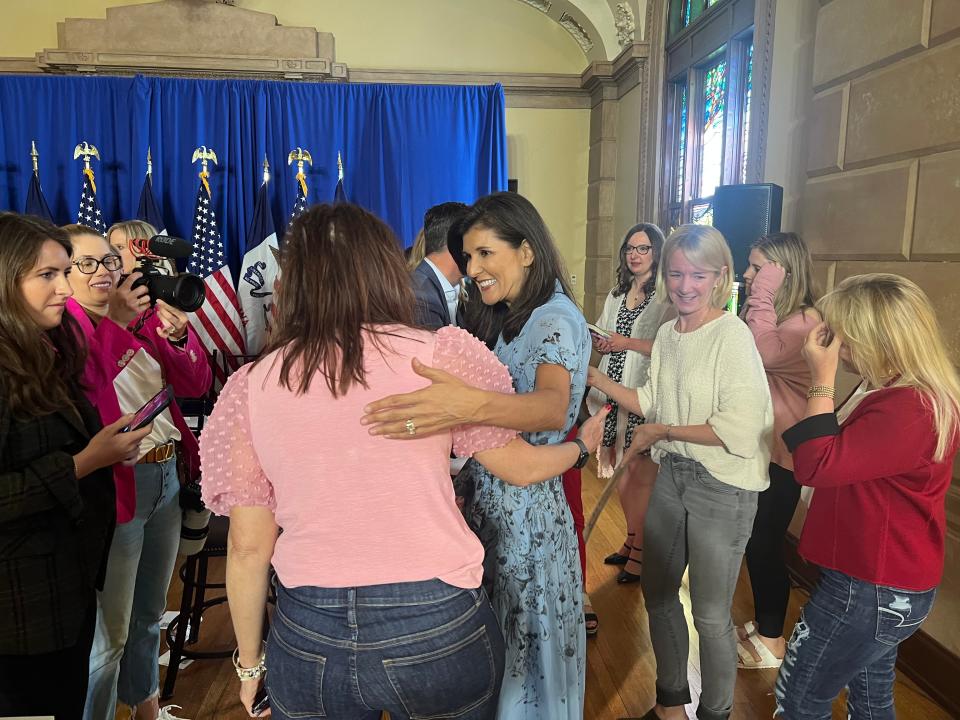 Nikki Haley greets Iowans after an event at the Temple of Performing Arts in Des Moines on April 12, 2023.