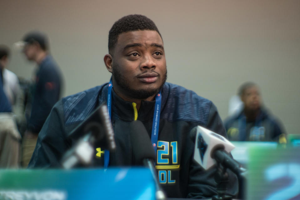 Treyvon Hester, pictured at the NFL scouting combine in 2017, watched his pro football dream come true when the Raiders drafted him as a seventh-rounder. (Getty Images)