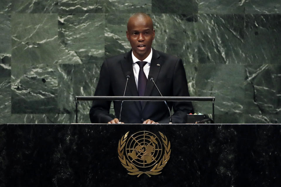 Haiti's President Jovenel Moise addresses the 73rd session of the United Nations General Assembly, at U.N. headquarters, Thursday, Sept. 27, 2018. (AP Photo/Richard Drew)