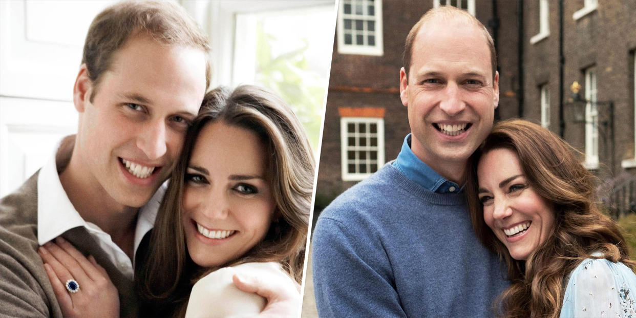 a side-by-side comparison of the duke and duchess of cambridge in 2011 and 2021, snuggling (Mario Testino/Chris Floyd / Courtesy of Kensington Palace)