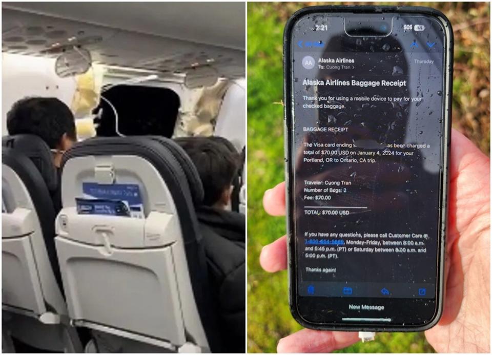 阿拉斯加航空5日起飛後在空中發生逃生門脫落，一名男子撿到從這台飛機掉落的iPhone。（翻攝自X平台、X平台@SeanSafyre）