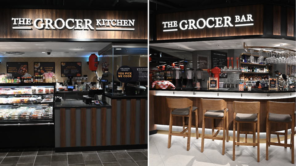 The Grocer Kitchen (left) and the Grocer Bar at FairPrice Finest Century Square (Photos: FairPrice Group)