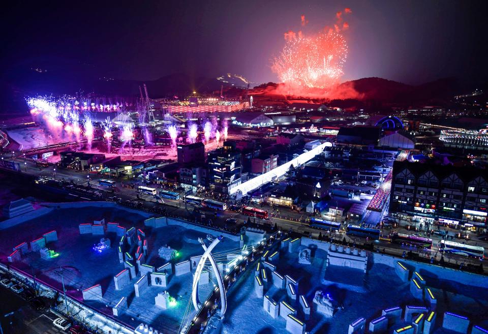 <p>Outside view of fireworks during the opening ceremony of the Pyeongchang 2018 Winter Olympic Games at the Pyeongchang Stadium on February 9, 2018. / AFP PHOTO / Brendan Smialowski </p>