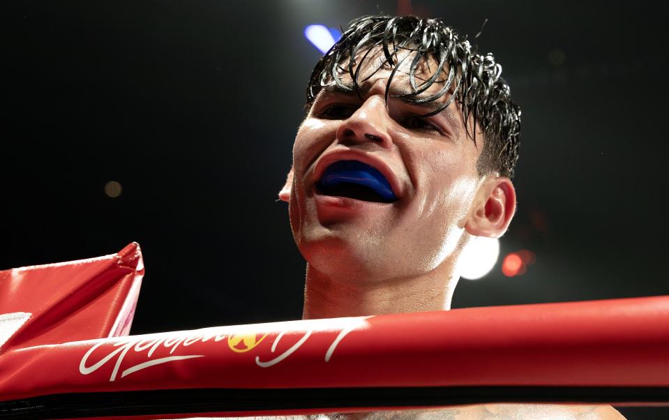 NEW YORK, NEW YORK - APRIL 20: Ryan Garcia reacts after their WBC Super Lightweight title bout against Devin Haney at Barclays Center on April 20, 2024 in New York City. (Photo by Al Bello/Getty Images)