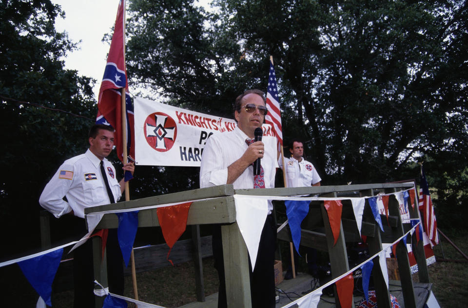 Thomas Robb speaks at a KKK cross-burning rally in Hico, Texas. (Photo: Gregory Smith via Getty Images)