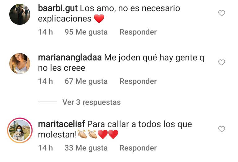 Algunos de los comentarios de apoyo que escribieron sus fanáticos