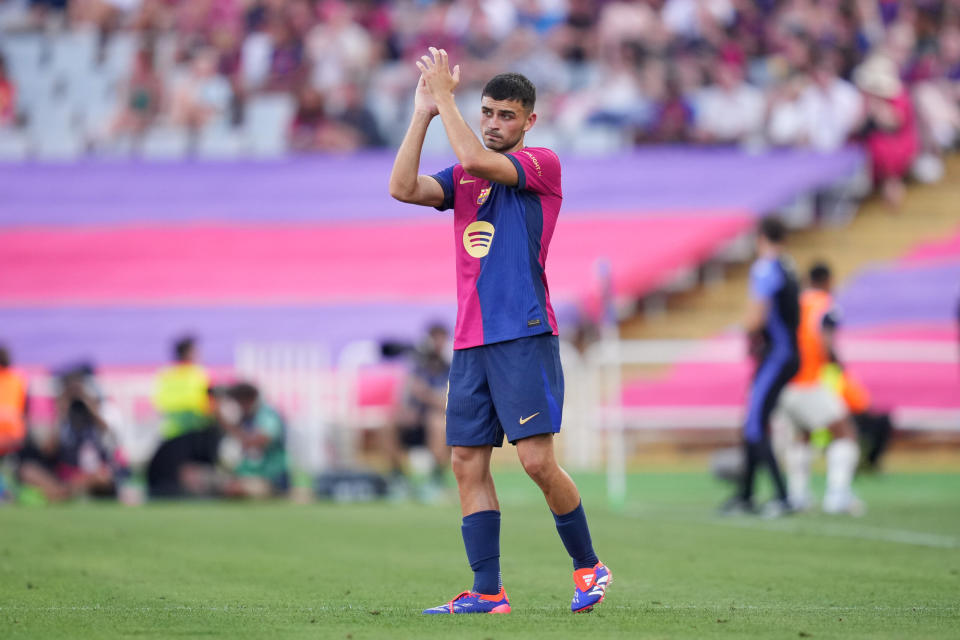 BARCELONA, SPAIN - AUGUST 31: Pedri of FC Barcelona applauds the fans during the La Liga match between FC Barcelona and Real Valladolid CF at Camp Nou on August 31, 2024 in Barcelona, Spain.