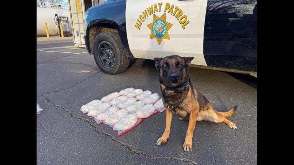 A driver was arrested during a Merced County traffic stop on Interstate 5 at State Route 33 on Jan. 14, after a California Highway Patrol officer and CHP K-9 located about 15 pounds of suspected methamphetamine inside a coffee box and a chicken nugget box on the vehicle’s rear seat, according to the CHP. Image courtesy of California Highway Patrol.