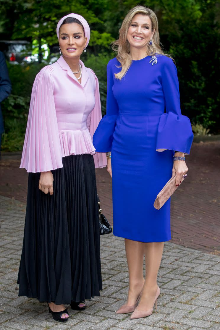 Sheikha Moza bint Nasser of Qatar and Queen Maxima of The Netherlands attend the Seminar On Protection & Education In Conflict Zones at the The Hague Institute for Global Justice on May 18, 2017 in The Hague, Netherlands. (Photo: Getty Images)