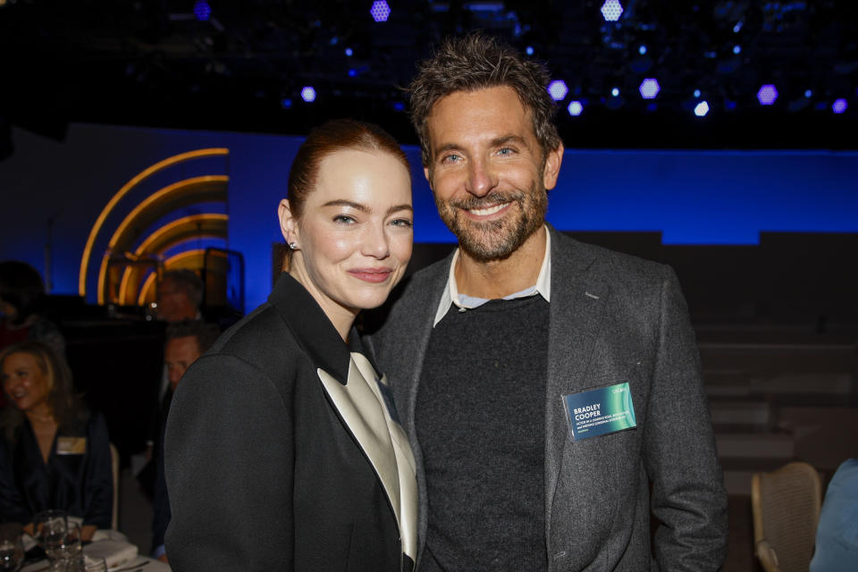 Beverly Hills , CA - February 12: Emma Stone and Bradley Cooper at the 2024 Oscars Nominees Luncheon at the  The Beverly Hilton Hotel  in Beverly Hills , CA, Monday, Feb. 12, 2024. (Jason Armond / Los Angeles Times via Getty Images)