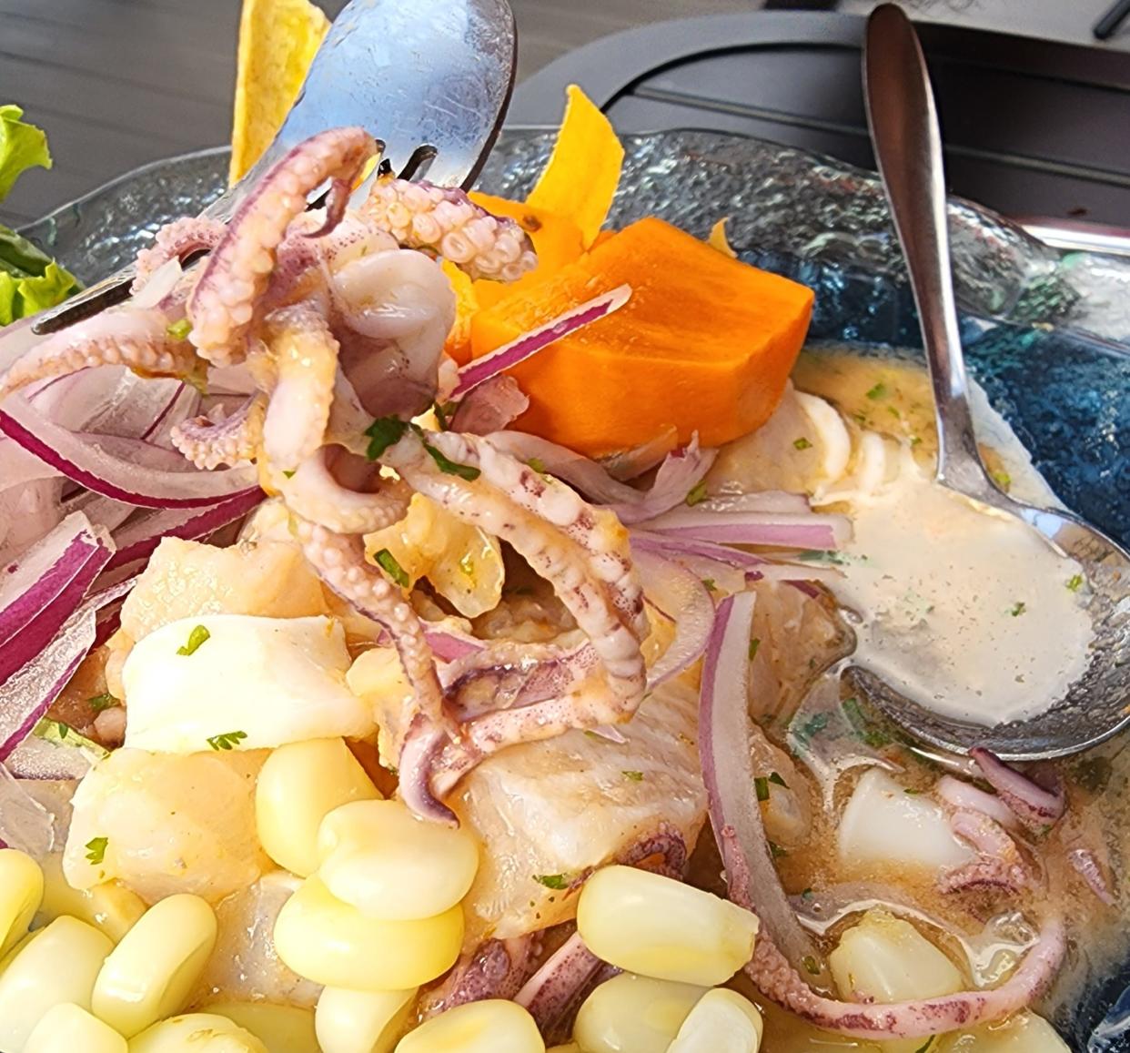 A closeup of the seafood Ceviche Mixto at Sharks Peruvian Cuisine.