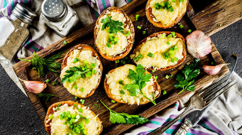 Baked potato skins with herbs and garlic on a square chopping board