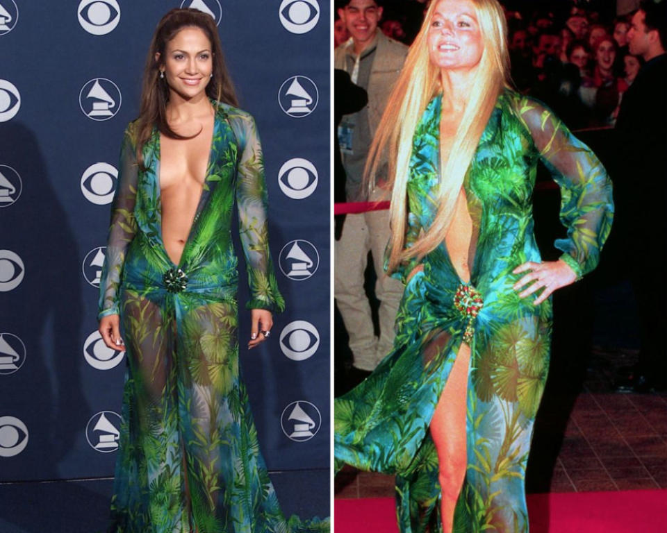 <p>J.Lo schrieb mit diesem legendären Versace Kleid bei den Grammys 2000 Geschichte – und Gary machte Schlagzeilen, als sie im selben Monat das gleiche Teil anzog. [Bild: Rex] </p>