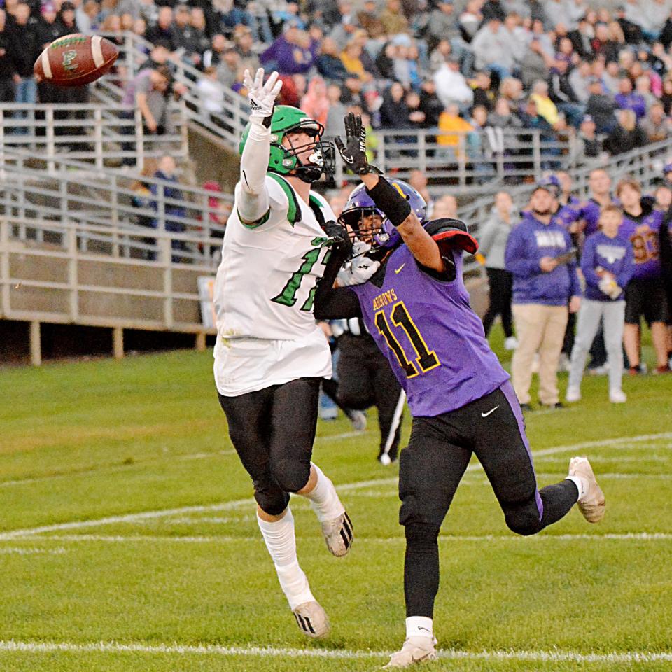Watertown's Ashton First in Trouble defends against Pierre's Jack Merkwan on a pass to the end zone during their Eastern South Dakota Conference football game on Friday, Sept. 23, 2022 at Watertown Stadium. Pierre won 47-13.
