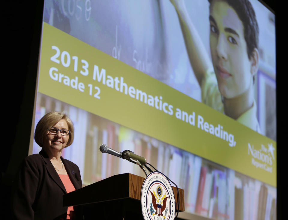 Cornelia Orr, Executive Director, National Assessment Governing Board pauses before she begins a program at Dunbar High School, Wednesday, May 7, 2014, in Washington, to announce results of The Nation's Report Card: 2013 Mathematics and Reading, Grade 12, which details 12th graders' performance in mathematics and reading nationwide and in 13 pilot states. In an abysmal showing, only about one-quarter of U.S. high school seniors performed solidly in math in a major assessment known as the nation's report card, reinforcing concerns that large numbers of students are unprepared for either college or the workplace. (AP Photo/Carolyn Kaster)