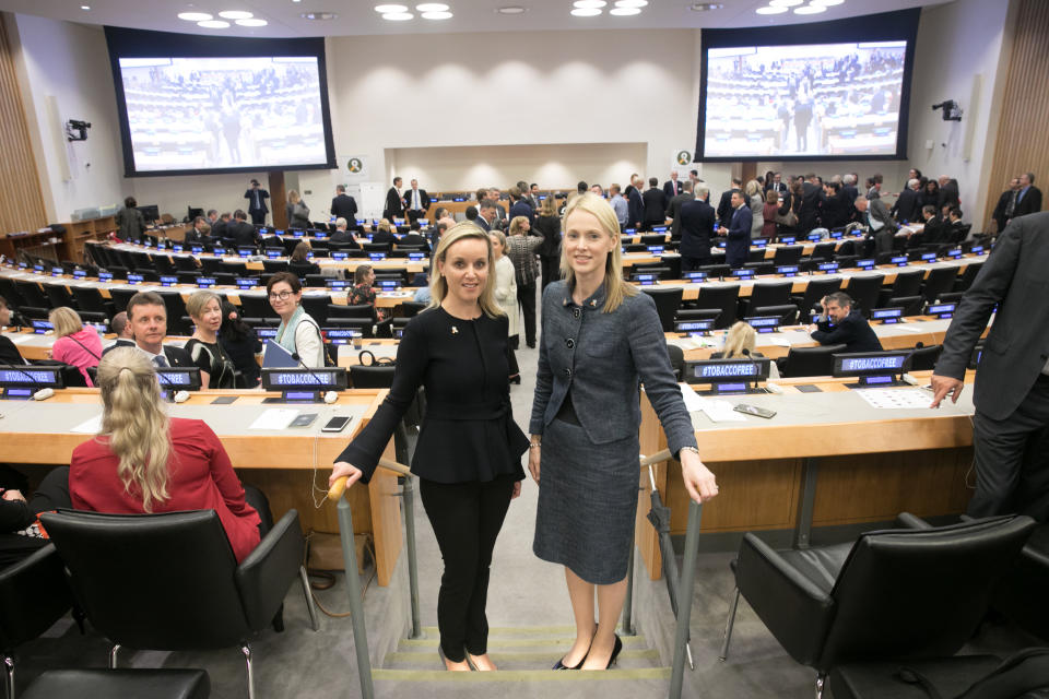 Dr Bronwyn King and her team launch the Tobacco Free Finance Pledge at the United Nations Headquarters in New York. Image: Supplied