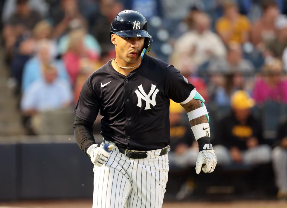 Mar 20, 2024; Tampa, Florida, USA; New York Yankees second baseman Gleyber Torres (25) singles during the third inning against the Pittsburgh Pirates at George M. Steinbrenner Field. Mandatory Credit: Kim Klement Neitzel-USA TODAY Sports