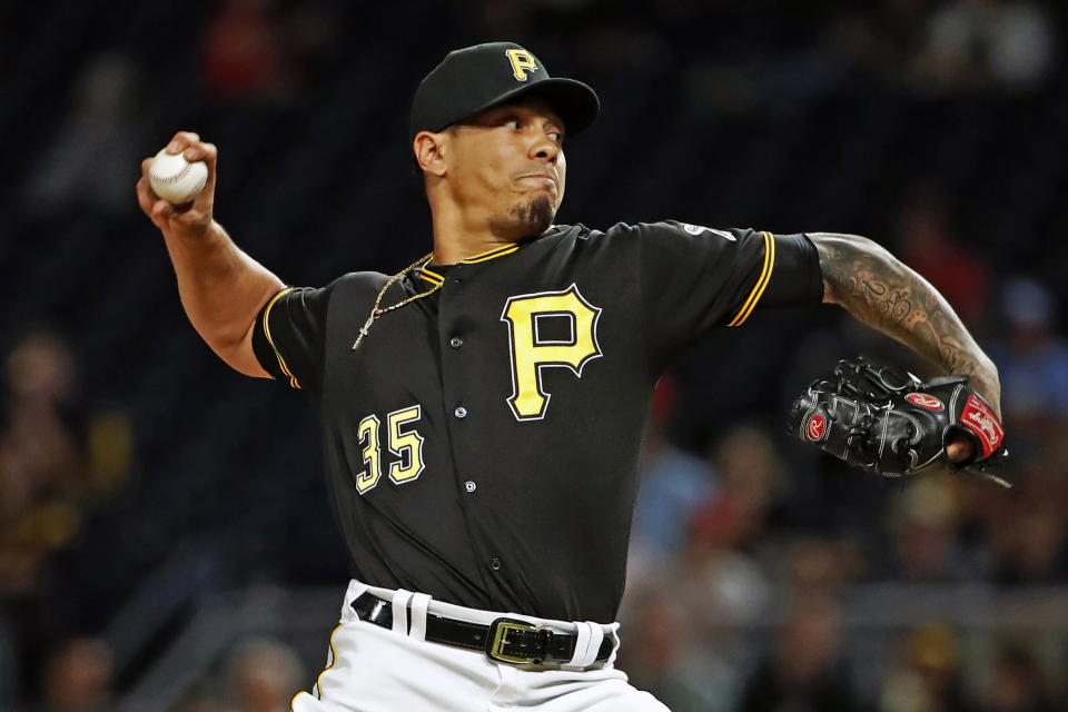 Pittsburgh Pirates relief pitcher Keone Lela delivers during the sixth inning of a baseball game against the St. Louis Cardinals in Pittsburgh, Wednesday, July 24, 2019. (AP Photo/Gene J. Puskar)