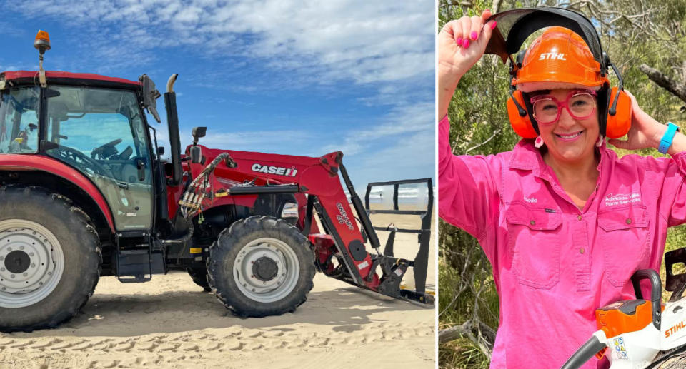 Left: A red tractor on the beach which was used to rescue stranded motorists. Right: Belle Baker posing for the camera wearing a pink top and orange hard hat. 