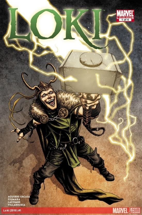 Marvel comic cover for Loki where he's holding Mjolnir and wearing a horned helmet and a cape that has fur