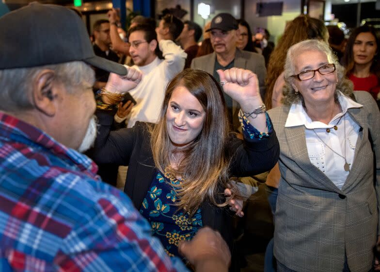 Sun Valley, CA - June 27: Supporters greet and congratulate as LA City Council District 6 special election candidate Imelda Padilla, center, arrives at her election party at Chicuagle in Sun Valley Tuesday, June 27, 2023. (Allen J. Schaben / Los Angeles Times)