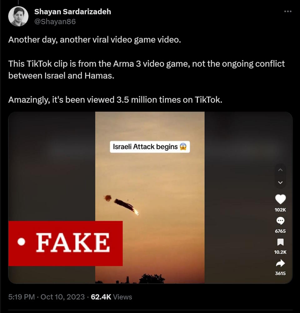 Another day, another viral video game video.  This TikTok clip is from the Arma 3 video game, not the ongoing conflict between Israel and Hamas.  Amazingly, it's been viewed 3.5 million times on TikTok.