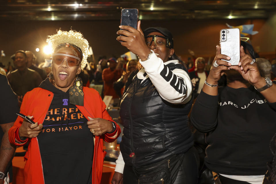 Supporters of Cherelle Parker, the Democratic candidate for Philadelphia Mayor, cheer at the election night party at the Sheet Metal Workers Local 19, Tuesday, Nov. 7, 2023, in Philadelphia. (Heather Khalifa/The Philadelphia Inquirer via AP)