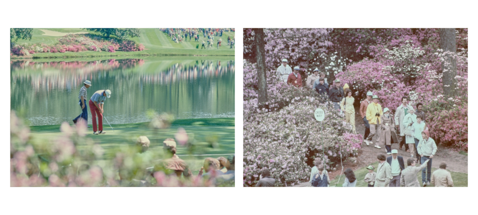 LEFT: Golfers putt on scenic green at the Augusta National Golf Course during the 1984 Masters. RIGHT: Augusta National Golf Course attendees walk on tree-lined paths.