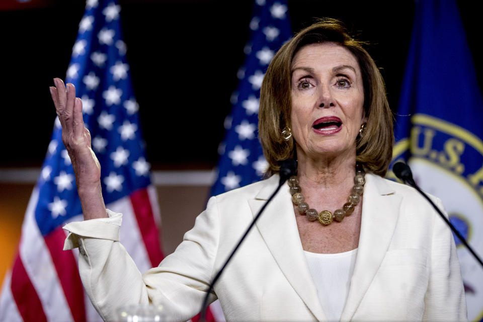 House Speaker Nancy Pelosi of Calif. meets with reporters on Capitol Hill in Washington, Thursday, July 11, 2019. (AP Photo/Andrew Harnik)