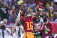 Southern California wide receiver Tahj Washington celebrates after scoring a touchdown against San Jose State during the first half of an NCAA college football game Saturday, Aug. 26, 2023, in Los Angeles. (AP Photo/Ryan Sun)