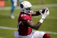 Arizona Cardinals tight end Jordan Thomas scores Carolina Panthers during the first half of an NFL football game Sunday, Oct. 4, 2020, in Charlotte, N.C. (AP Photo/Brian Blanco)