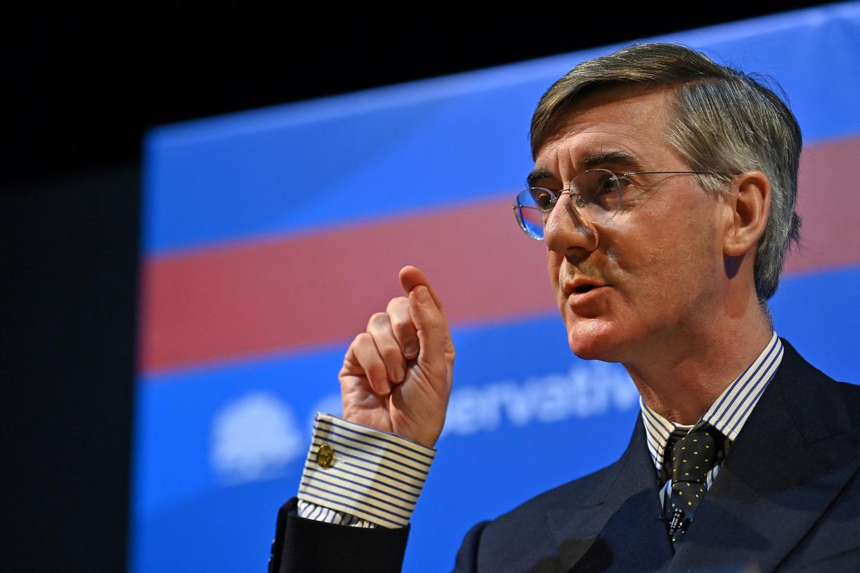 Britain's Brexit Opportunities and Government Efficiency Secretary Jacob Rees-Mogg addresses delegates during the Conservative Party Spring Conference, at Blackpool Winter Gardens in Blackpool, north-west England on March 18, 2022. (Photo by Paul ELLIS / AFP) (Photo by PAUL ELLIS/AFP via Getty Images)