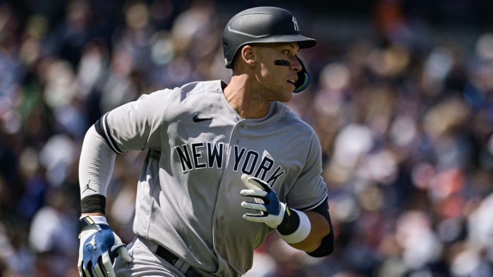 Apr 8, 2023; Baltimore, Maryland, USA; New York Yankees right fielder Aaron Judge (99) runs out a third inning solo home run against the Baltimore Orioles at Oriole Park at Camden Yards.