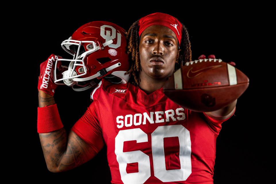 Oklahoma offensive lineman Tyler Guyton is photographed on media day.